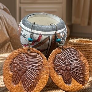 Leather Native American Chief Earring dangle western jewelry with turquoise bead